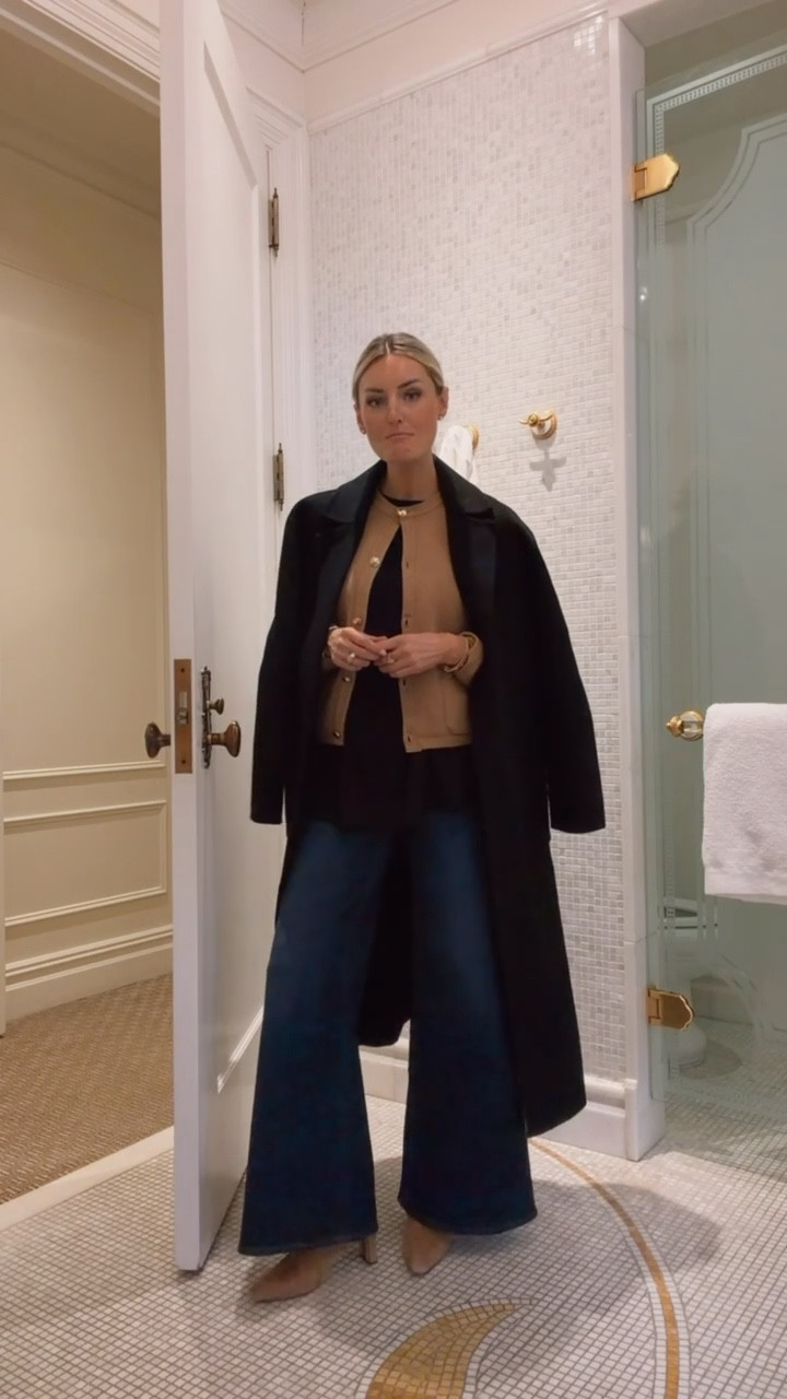 Another outfit I wore in NYC! I’ve been loving this classic tan cardigan! I also have it in the striped pattern! Layered it over a simple black tee & added this black wool coat! This coat is old, but I linked similar options! Wearing M in coat, S in cardigan/tee, & 26 in the jeans! 

Loverly Grey, Quince, cardigan, closet staples, capsule wardrobe, wide leg jeans, winter outfit, New York 

#LTKSeasonal