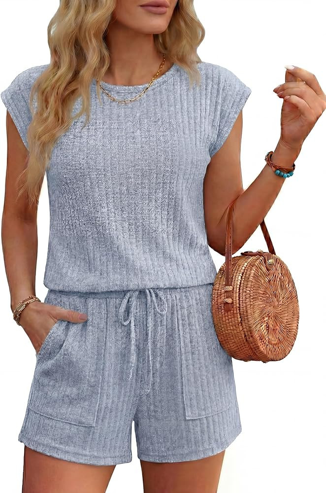 Ekouaer Rompers for Women Summer Casual Cap Sleeve Crewneck Short Pants Jumpsuit Beach Vacation O... | Amazon (US)
