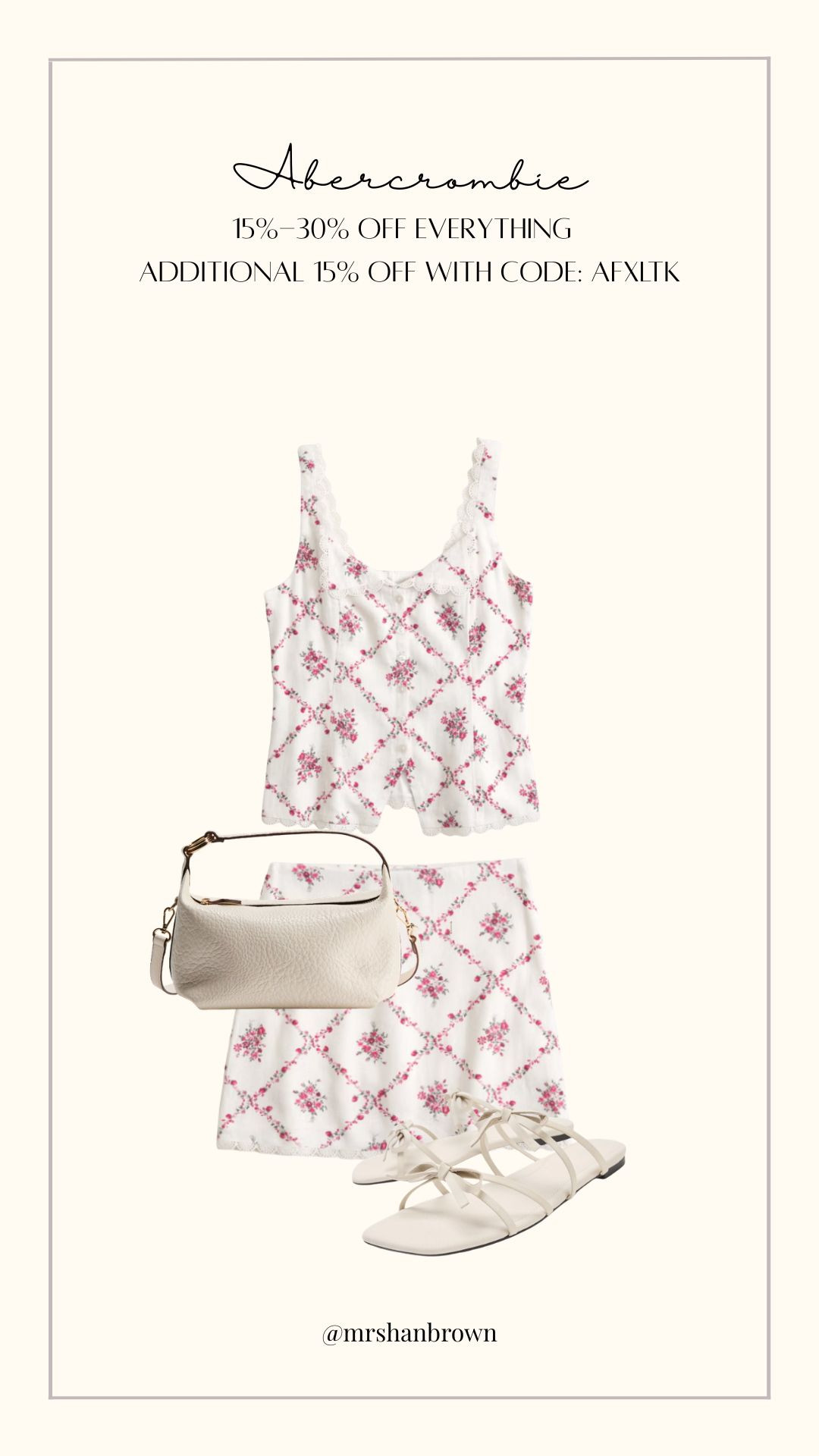 Abercrombie 15%-30% off everything and an additional 15% off with code AFXLTK

Floral co-ord set, White floral cami top, Matching mini skirt, Pink floral print, Lace trim cami, Cream shoulder bag, White lace-up sandals, Summer co-ord outfit, Feminine summer look, Soft occasionwear, Holiday outfit inspo 

 #LTKuk #LTKsummer #LTKtravel