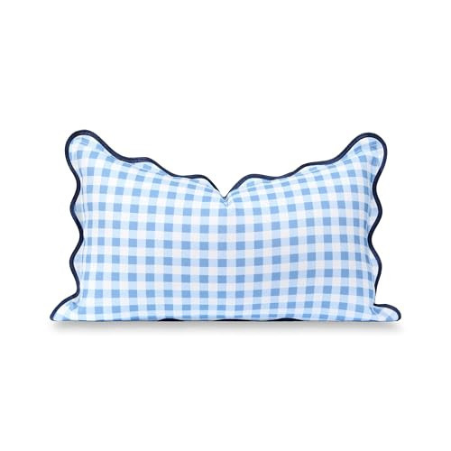 Hofdeco Premium Coastal Hampton Scalloped Patio Indoor Outdoor Lumbar Pillow Cover Only, 12"x20" Water Repellent for Backyard, Couch, Poolside, Azure Blue Navy Print Gingham | Amazon (US)