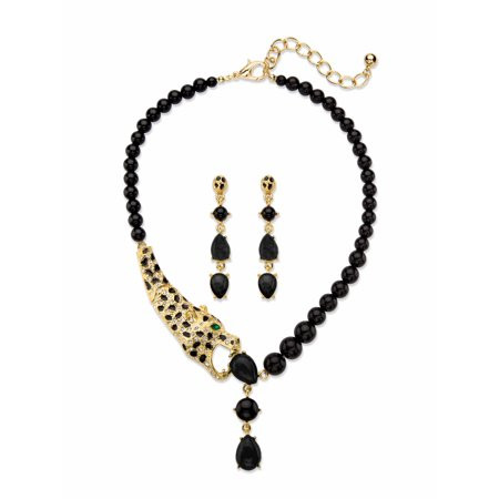 Genuine Black Onyx and Crystal 2-Piece Beaded Leopard Necklace and Drop Earrings Set (.30 TCW) in Go | Walmart (US)