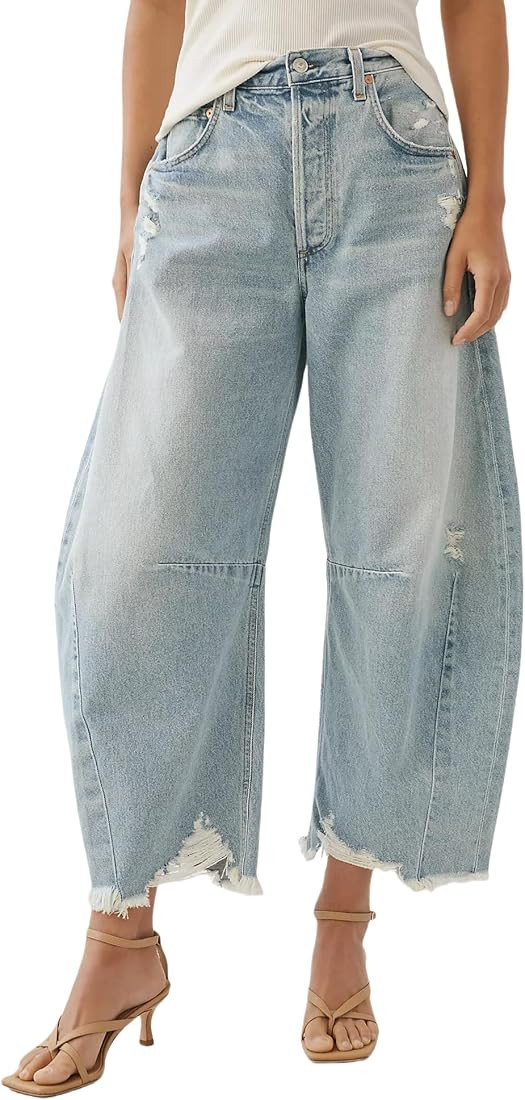 Allimy Womens Jeans Mid High Waisted Wide Leg Cut Horseshoe Baggy Raw Hem Jeans for Women Trendy ... | Amazon (US)