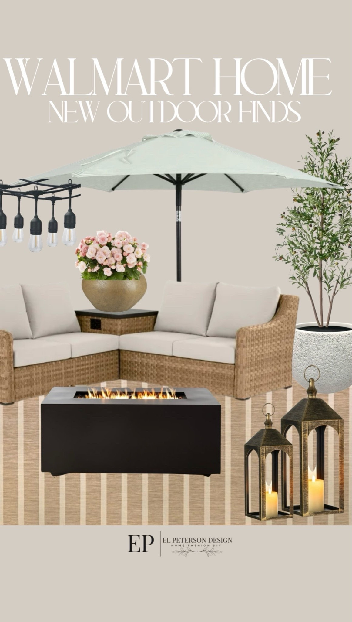 Walmart
Outdoor umbrella 
Rug
Lanterns
Planter
Faux olive tree
Fire pit
String lights

#LTKHome