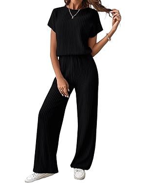Happy Sailed Women's Casual Loose Solid Ribbed Crewneck Short Sleeve Long Romper Stretchy Wide Le... | Amazon (US)