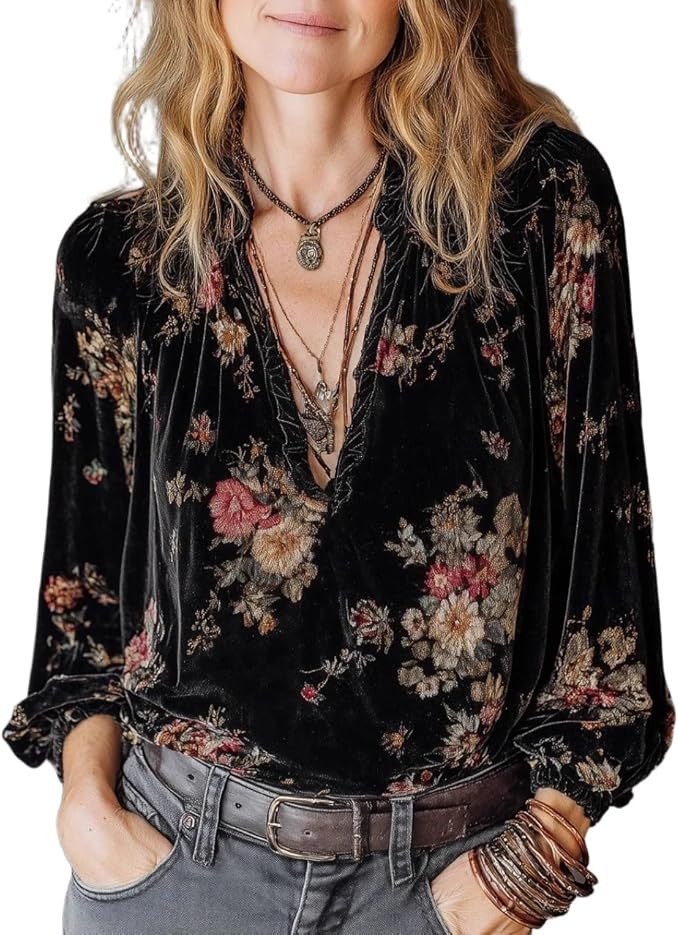 Apvirdy Women's Velvet Shirt Tops Sexy Deep V-Neck Floral Print Ruffle Trim Long Sleeves Vintage ... | Amazon (US)