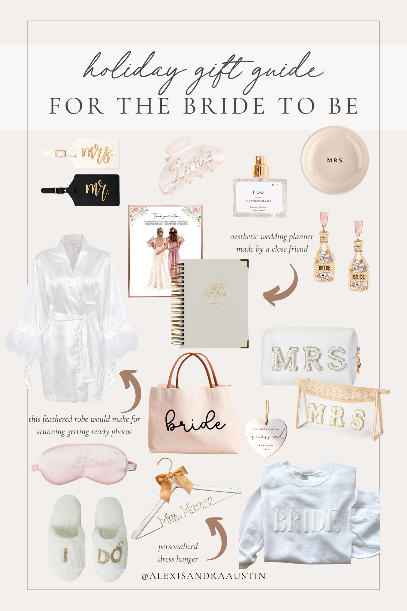 Holiday gift guide for the bride to be! Christmas is a great time to grab the spring/summer bride items for their big day

Holiday gift guide, bride to be, stocking stuffers, gift guide, spring bride, wedding planner, luggage tags, bride crewneck, wedding dress hanger, silk robe, bride accessories, fun bride finds, Etsy, found it on Amazon, white slippers, eye mask, bride bag, trinket dish, Anthropologie, shop the look!

#LTKGiftGuide #LTKHoliday #LTKSeasonal