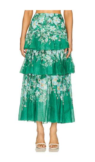 Everley Tiered Midi Skirt in Green Watercolour Floral | Revolve Clothing (Global)