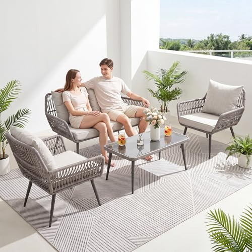 HOMEZILLIONS 4-Piece Wicker Patio Furniture Set – Outdoor Conversation Set with 2 Armchairs, Loveseat & Tempered Glass Coffee Table, All-Weather Rattan Couch for Backyard, Deck, Balcony, Gray | Amazon (US)