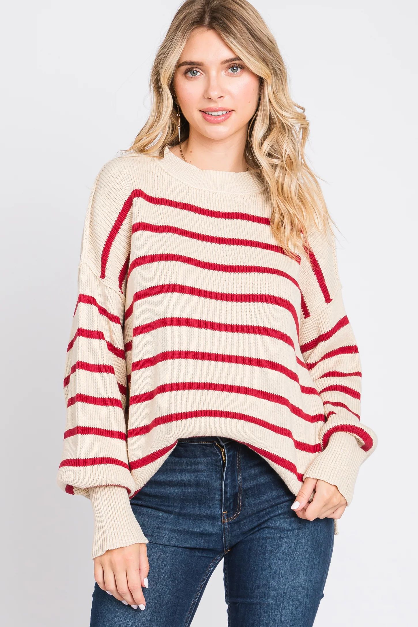 Beige Striped Long Sleeve Knit Sweater | PinkBlush Maternity