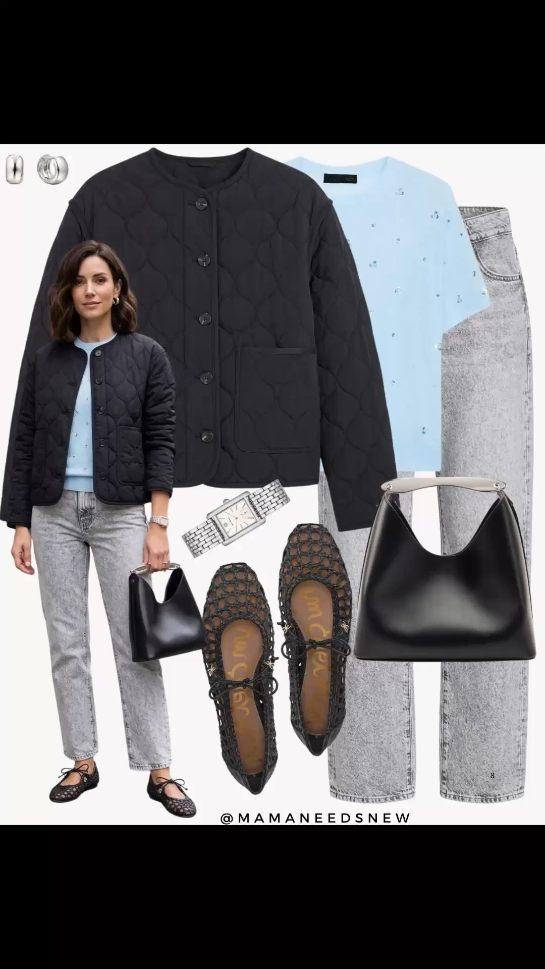 A spring outfit with a quilted jacket, tshirt, grey jeans, woven flats, top handle bag

#LTKSeasonal #LTKootd #LTKSaleAlert