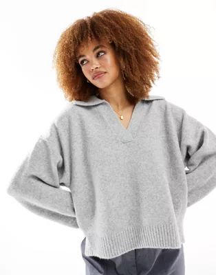 Monki long sleeve collar polo knitted sweater in gray melange | ASOS (Global)