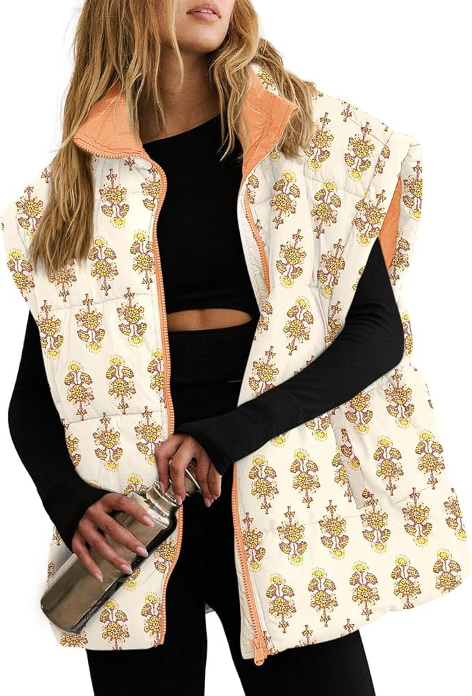 Tankaneo Womens Floral Oversized Puffer Vest Cap Sleeve Winter Warm Puffy Quilted Jackets Coat | Amazon (US)