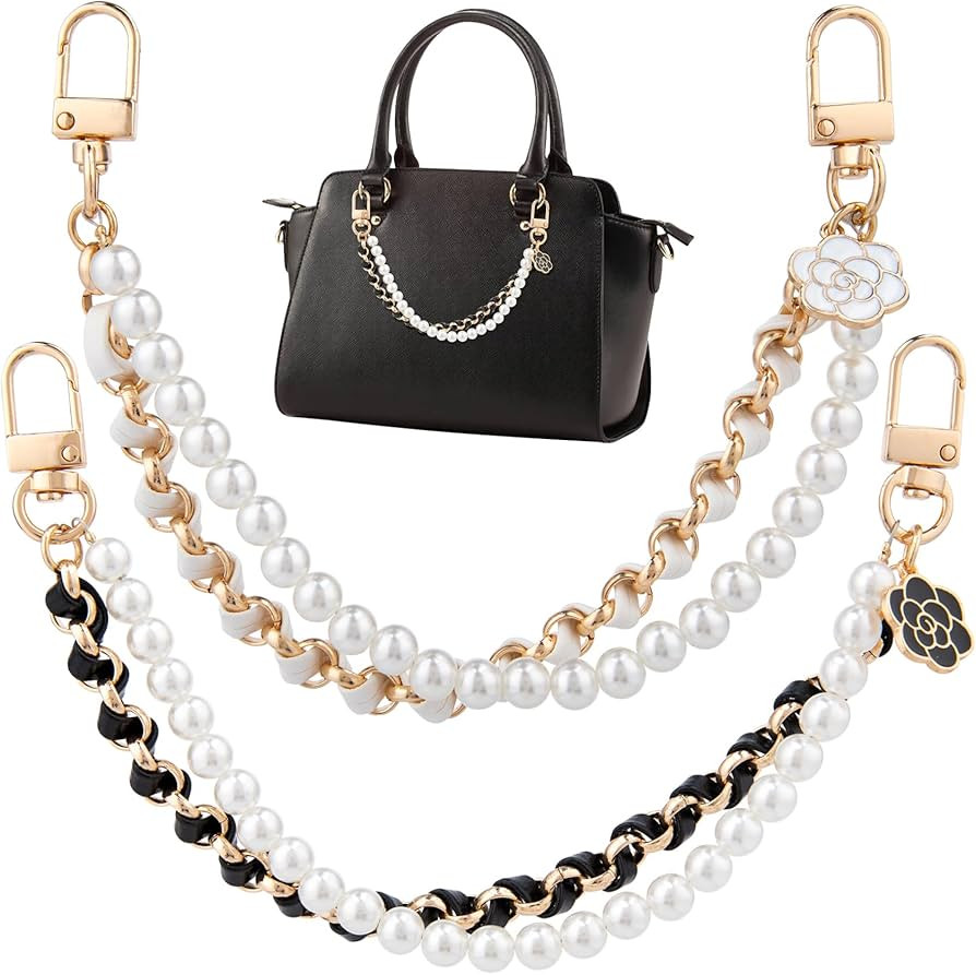 HINZIC 2Pcs Pearl Purse Chain Extender 10inch Black Gold Handbag Straps Cute Flower Metal Shoulde... | Amazon (US)