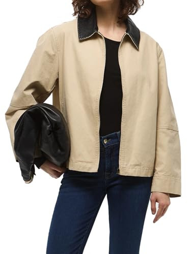 CUFEZN Women Barn Jackets 2025 Fall Trendy Contrast Collar Jacket Coat Casual Oversized Zip-Up Outerwear with Pockets Beige Small | Amazon (US)