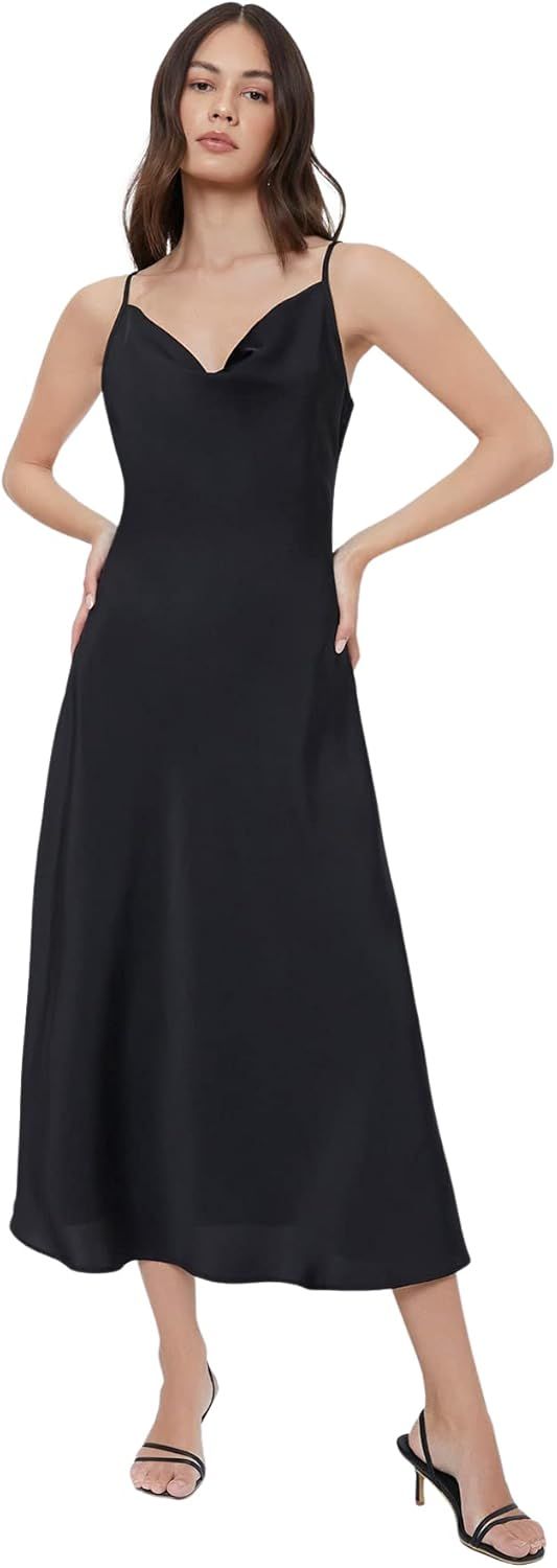 Floerns Women's Cowl Neck Spaghetti Strap Stain Cocktail Long Slip Midi Dress | Amazon (US)