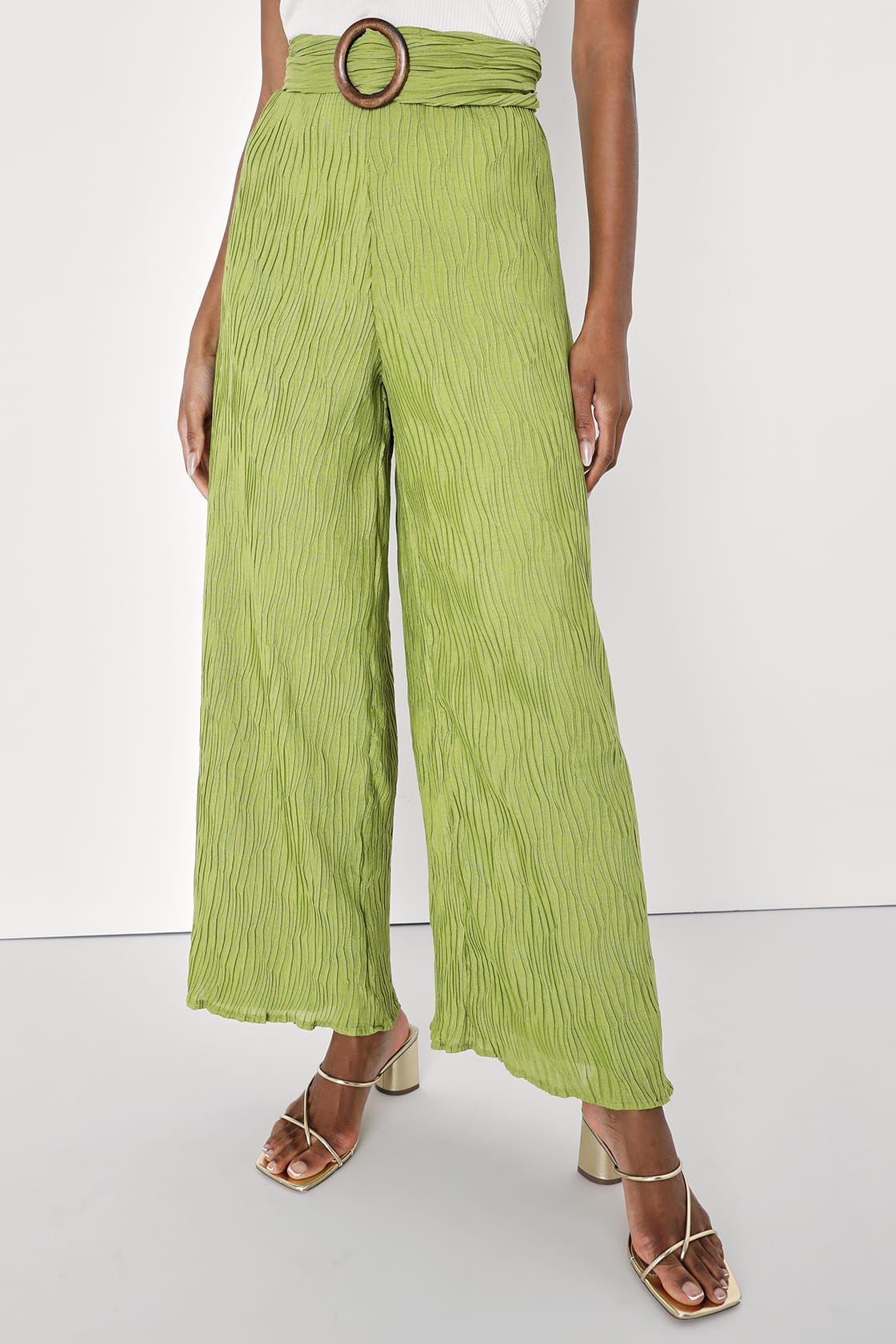 Getaway Essentials Lime Green Plisse Belted Wide Leg Pants | Lulus (US)