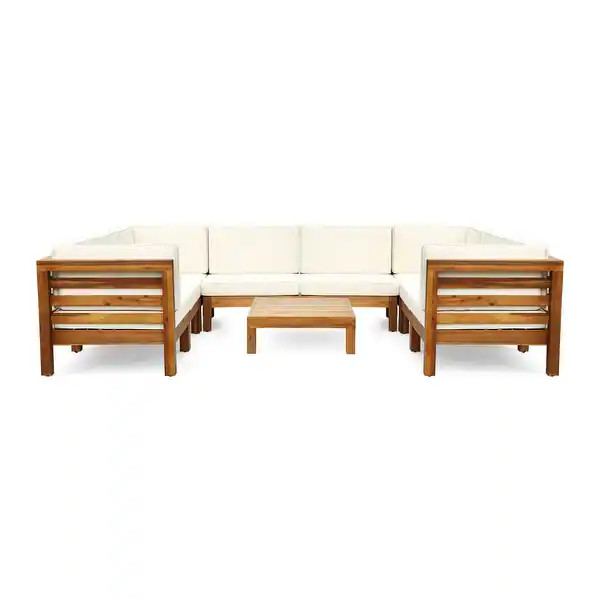 Oana Outdoor 9-piece Acacia Wood U-shaped Sectional Set by Christopher Knight Home - teak + beige... | Bed Bath & Beyond