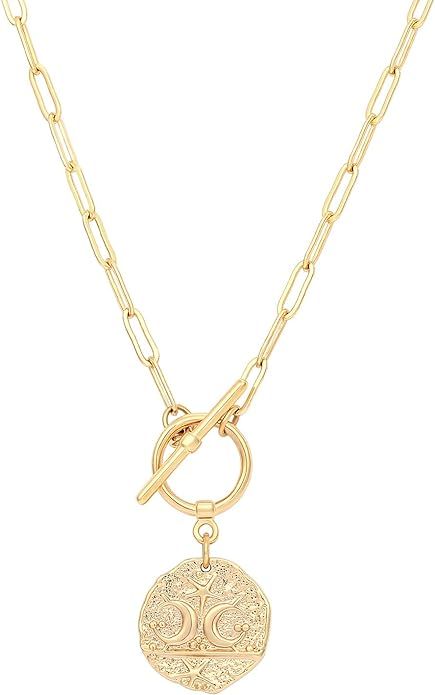 Moon and Star Medallion Pendant Necklace 18k Gold Oval Link Chain Choker Large Celestial Charm La... | Amazon (US)