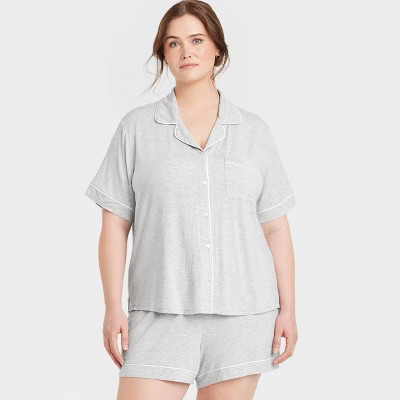 Women's Cloud Knit Short Sleeve Notch Collar Top and Shorts Pajama Set - Auden™ Heathered Gray ... | Target