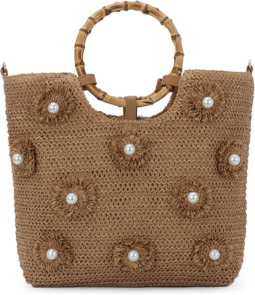 SUKUTU Flower Pearls Straw Tote Bag for Women Summer Beach Woven Top Handle Handbag with Adjustab... | Amazon (US)