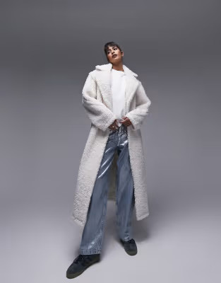Topshop fluffy long-line borg coat in off-white | ASOS (Global)