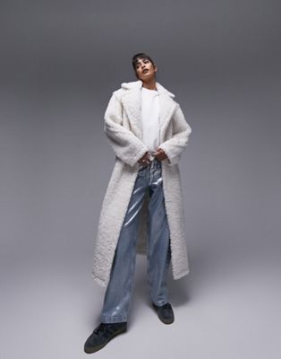 Topshop fluffy long-line borg coat in off-white | ASOS (Global)