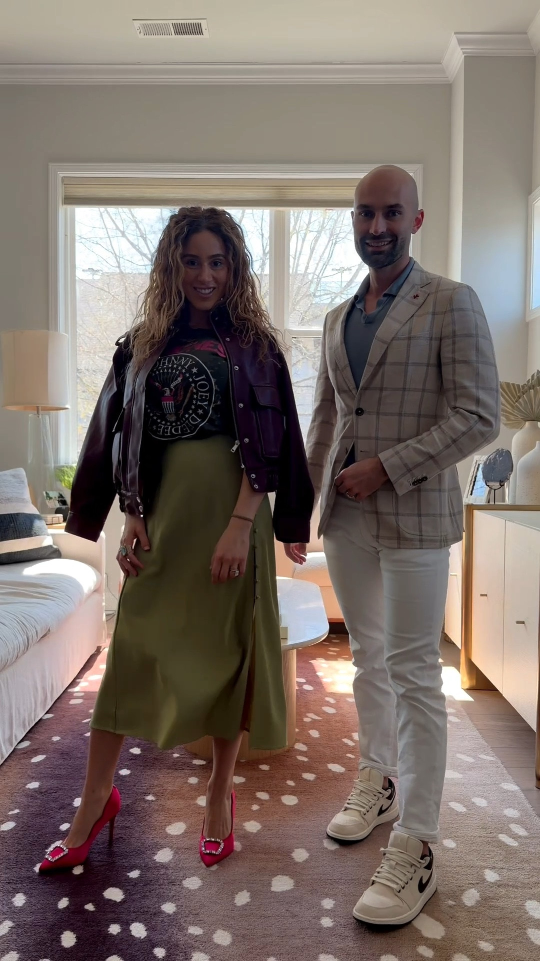 Couples outfit of the day. Sunday outfit. Church outfit. Couples church outfit. LOFT faux leather jacket, Amazon green satin skirt, Anthropologie graphic t shirt. Isaia sport coat blazer. Nike dunk low  
