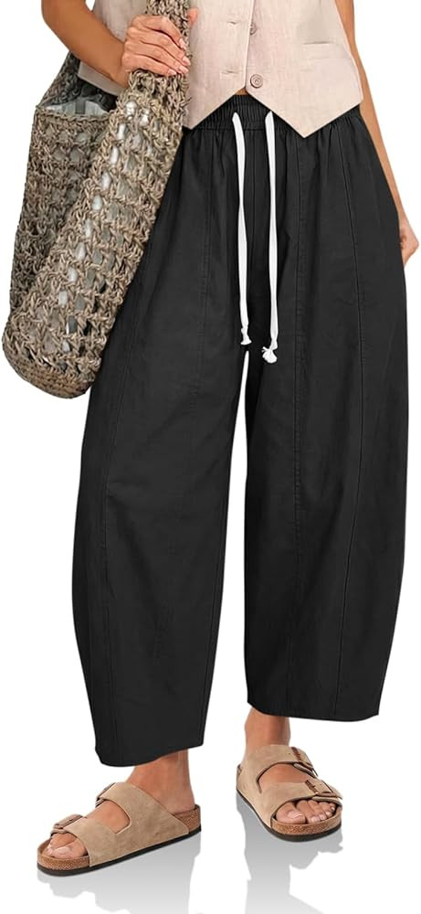 Cicy Bell Womens Baggy Barrel Pants High Waisted Wide Leg Casual Elastic Drawstring Cropped Loose... | Amazon (US)