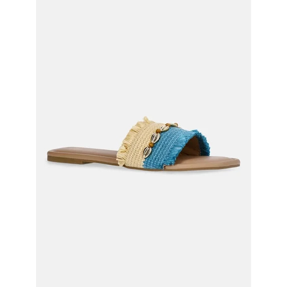 Time and Tru Women's Raffia Shell Slide Sandals - Walmart.com | Walmart (US)