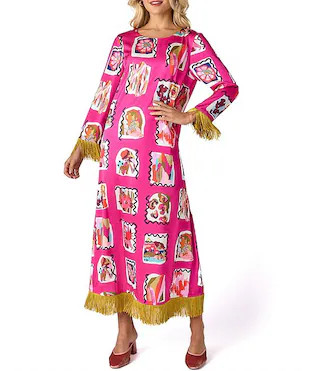 CROSBY By Mollie Burch Drewry Printed Satin Twill Crew Neck 3/4 Sleeve Fringe Shift Maxi Dress | Dillard's