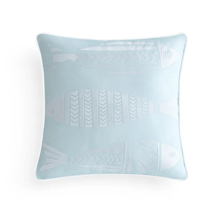 Coastal Living 18" x 18" Light Blue Fishes 100% Cotton Decorative Throw Pillow for Couch or Bed | Walmart (US)