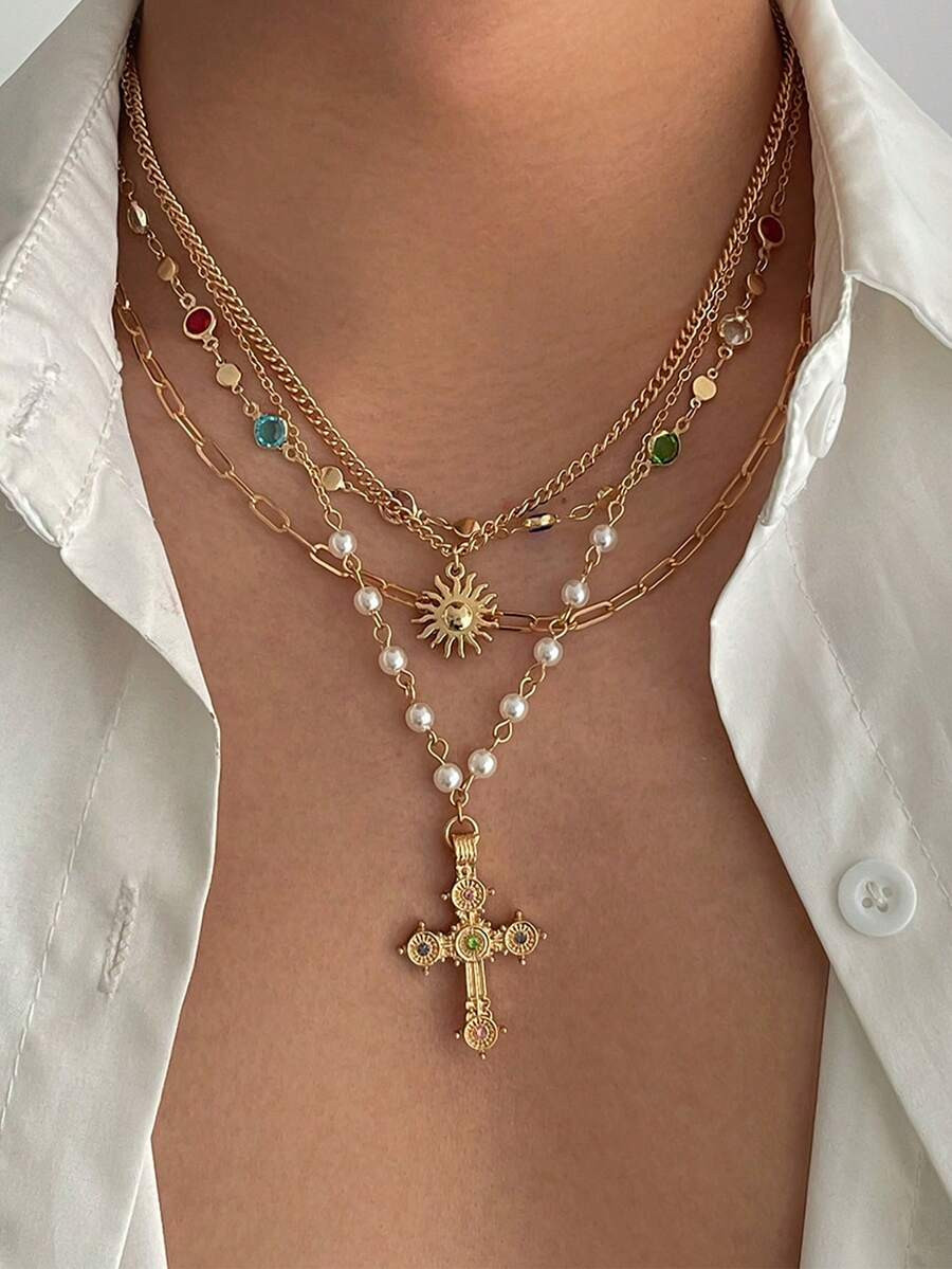 4pcs Vintage Metal Geometric Round Pendant Multilayer Necklace, Women Punk Style Jesus Cross Pend... | SHEIN