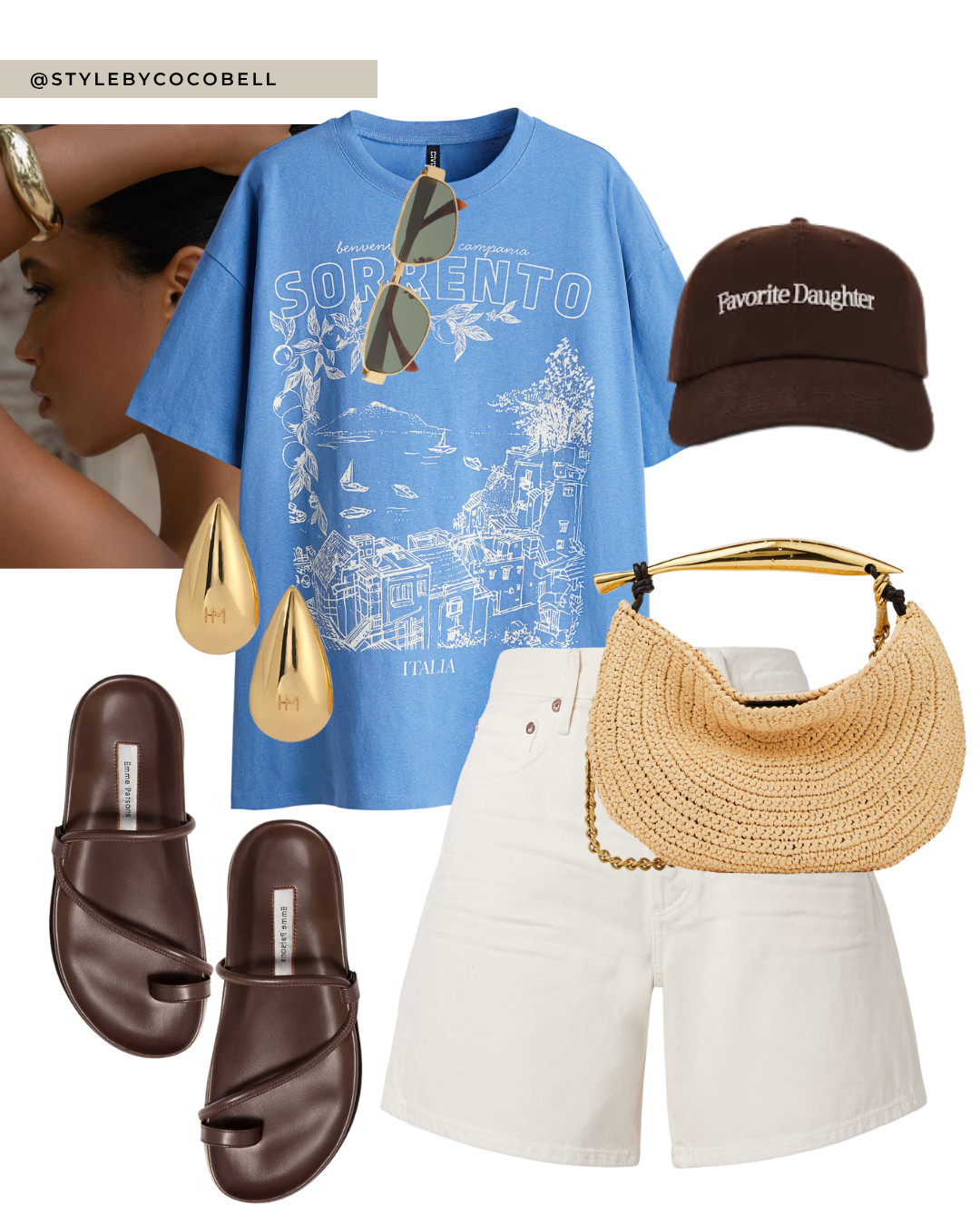 Throw-on-and-go summer look featuring a vintage-style Sorrento tee, white denim shorts, and brown sandals. Styled it with a baseball cap and a straw shoulder bag for a laid-back vibe — perfect for city strolls or vacation days. Printed tees just hit different in summer. 

 #LTKsummer