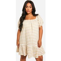 Womens Plus Gingham Tiered Smock Dress - Beige - 24 | boohoo (US & Canada)