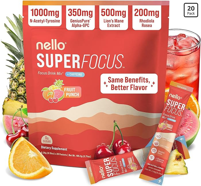 Nello Superfocus \u2013 Nootropic Focus Drink Mix for Productivity, L-Theanine, Rhodiola Rosea, A... | Amazon (US)