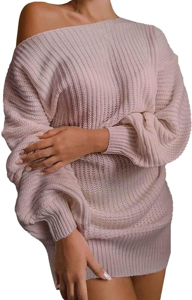 Meenew Women's Oversized Sweater Dress Off Shoulder Chunky Knit Long Pullovers | Amazon (US)