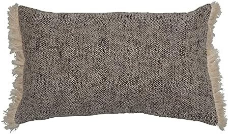 Creative Co-Op Woven Cotton Lumbar Chambray Back & Fringe Pillow, Black & Cream | Amazon (US)