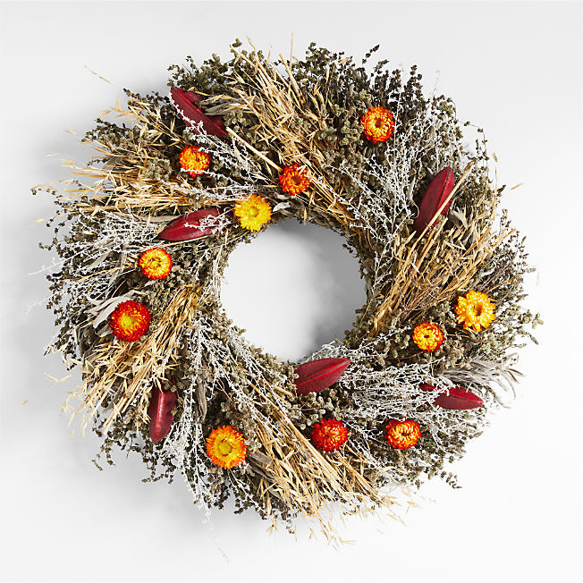 Live Fall Strawflower Wreath 22" | Crate & Barrel | Crate & Barrel