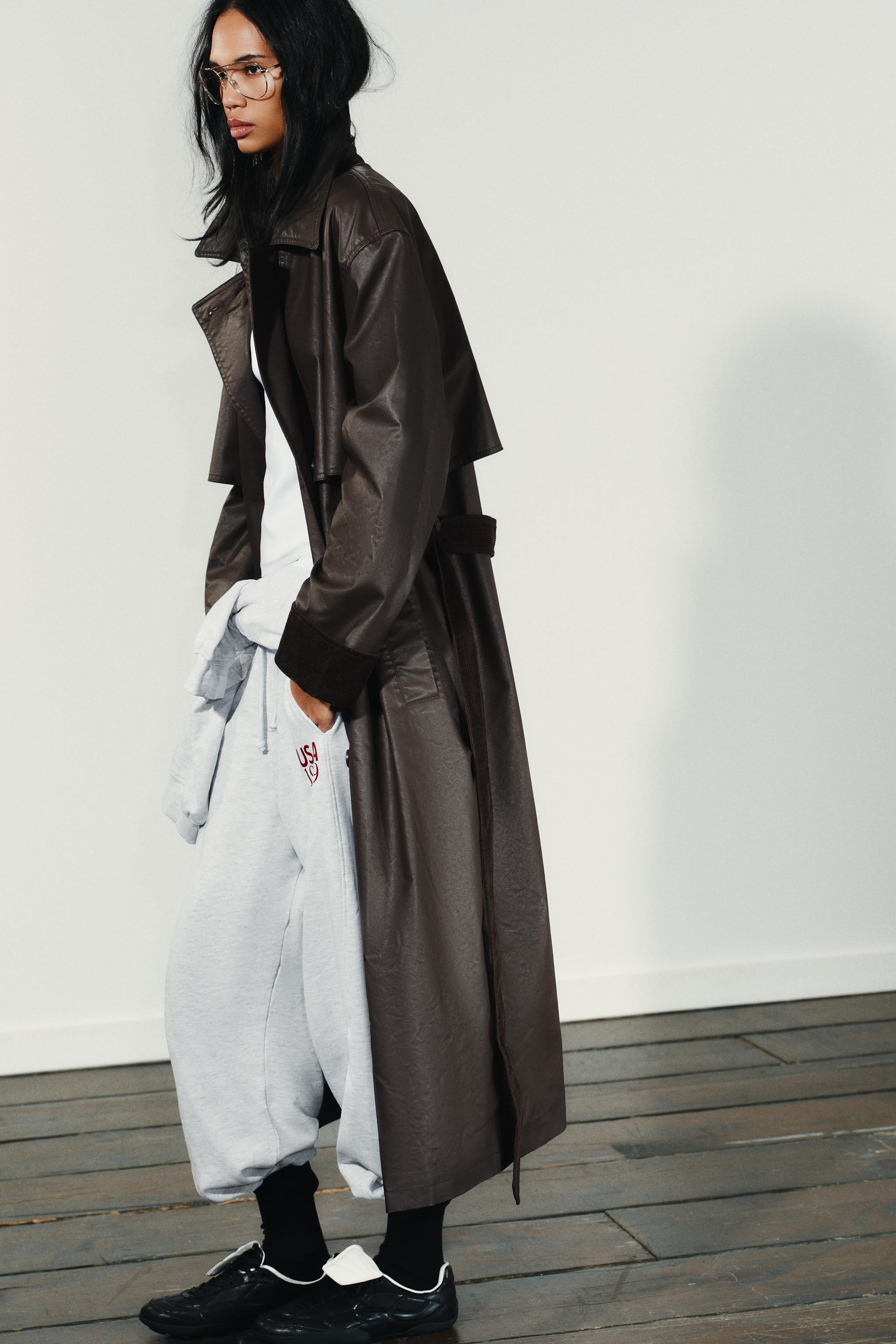 LONG WAXED TRENCH COAT WITH CORDUROY CUFFS | Zara US