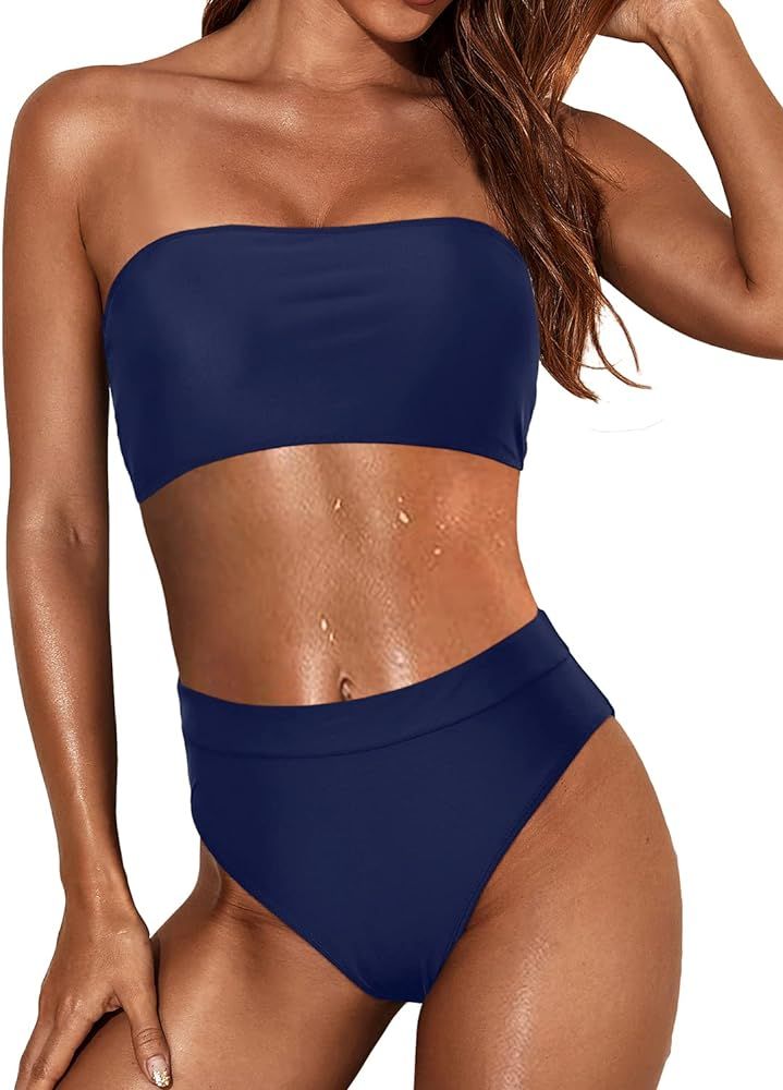 Tempt Me Women Bandeau Bikini Set Strapless Two Piece Swimsuit High Cut High Waisted Bathing Suit... | Amazon (US)