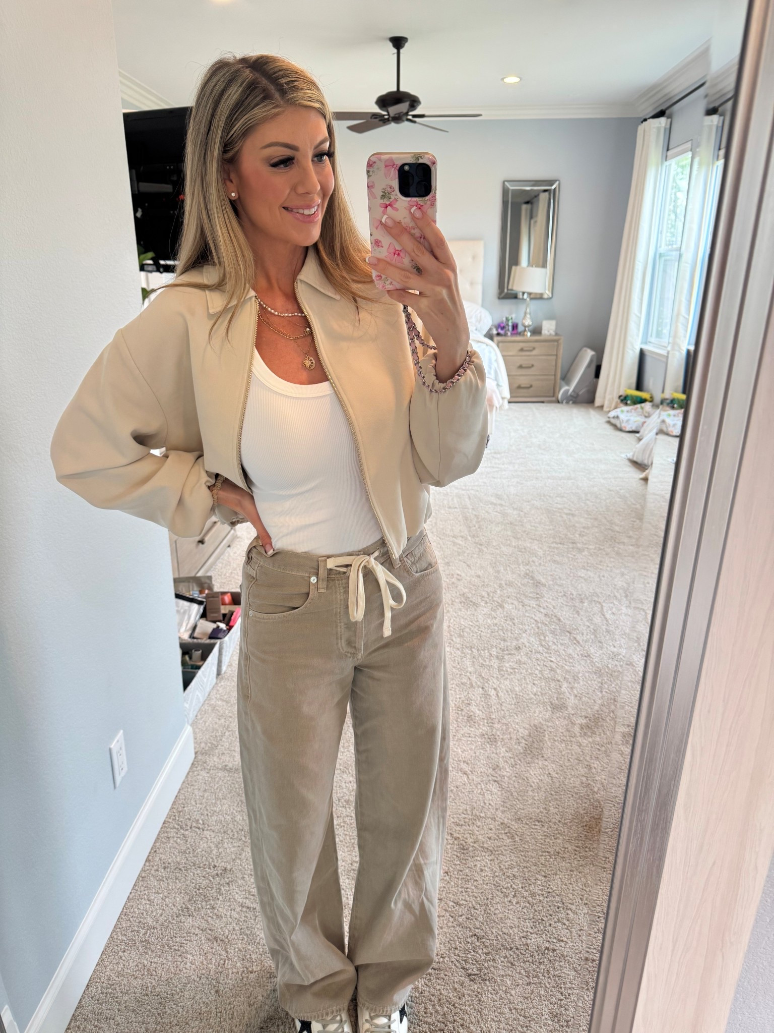 Out of the day 

Top: one size white ribbed niki biki tank 
Pants: size down. I’m wearing a 24
Jacket: small 

#LTKdayinmylife #LTKootd #LTKmomlife