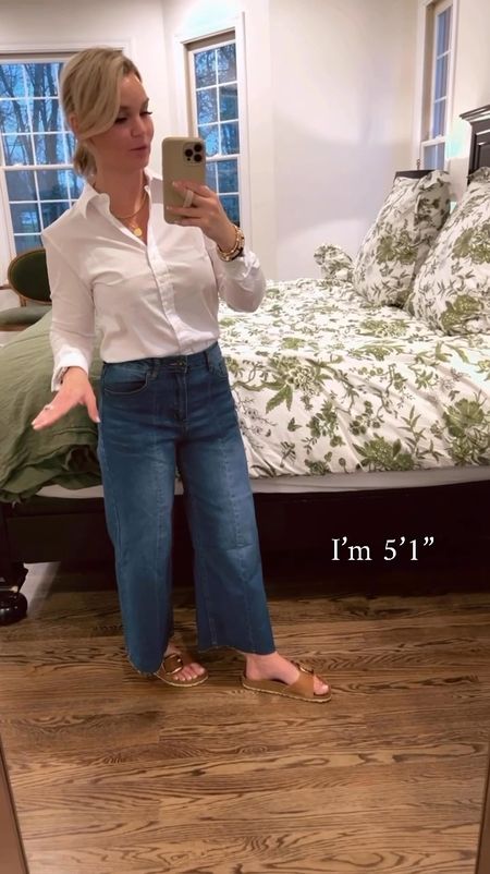 Casual classic spring outfit. 🤍 I found a great pair of wide leg cropped jeans from Amazon. Perfect for all my short friends. I’m 5’1” and it the perfect length on me. be Wearing a size small in color Classic Blue. 
Paired with a classic button down shirt in size small. 
#springfashion #fashioninspo #petitefashion #springstyle #fashionover40 #fashioninspo #chicstyle 

#LTKstyletip #LTKVideo #LTKover40