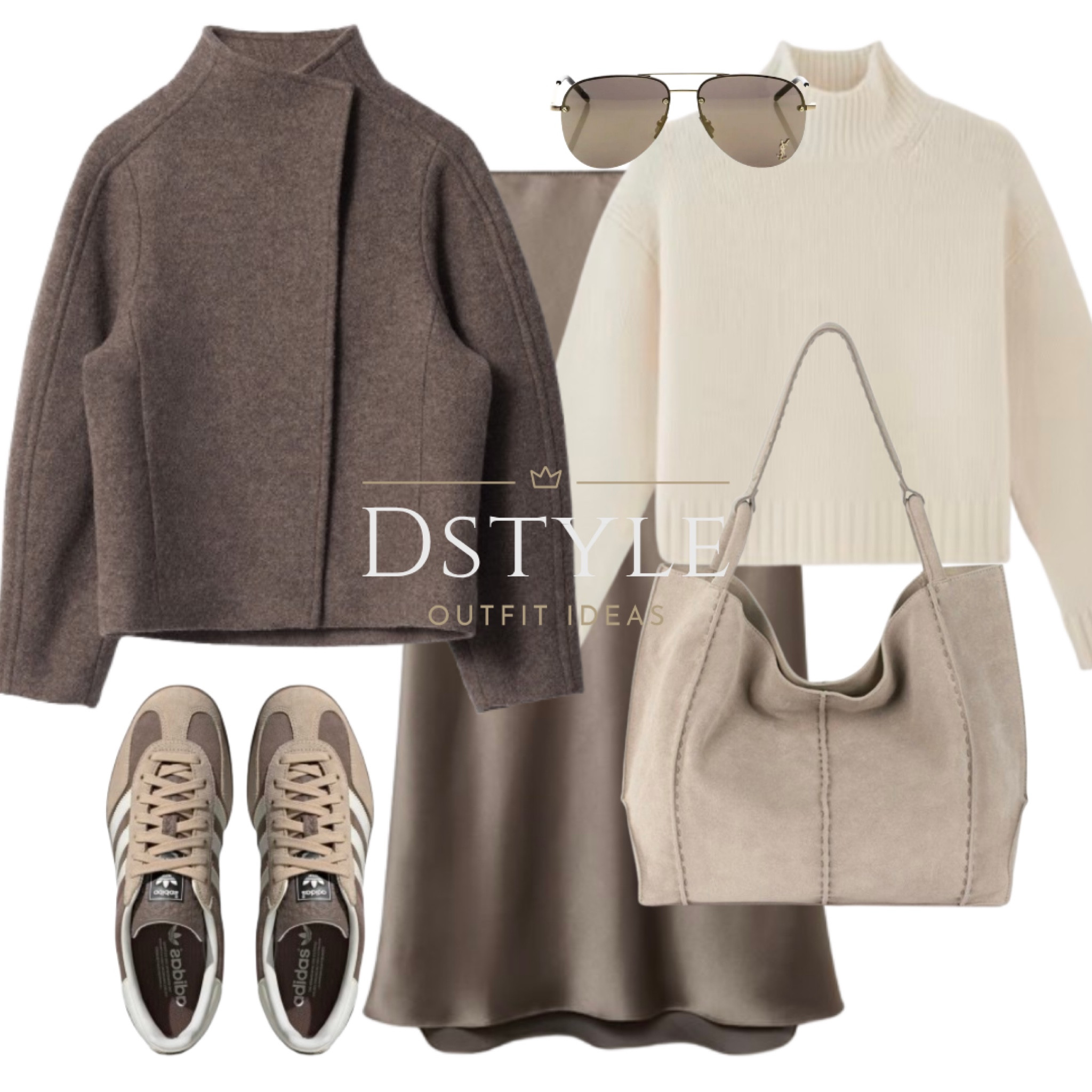 Mole wool jacket, oversized sweater in bone color, medium brown satin long skirt, suede large tote bag in sand, matching Gazelle Indoor sneakers/trainers, YSL sunglasses

#LTKItBag #LTKShoeCrush #LTKWorkwear