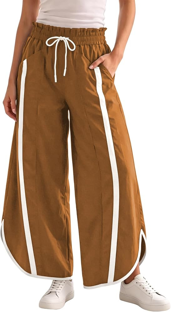 Wide Leg Striped Track Pants Pockets Drawstring | Amazon (US)