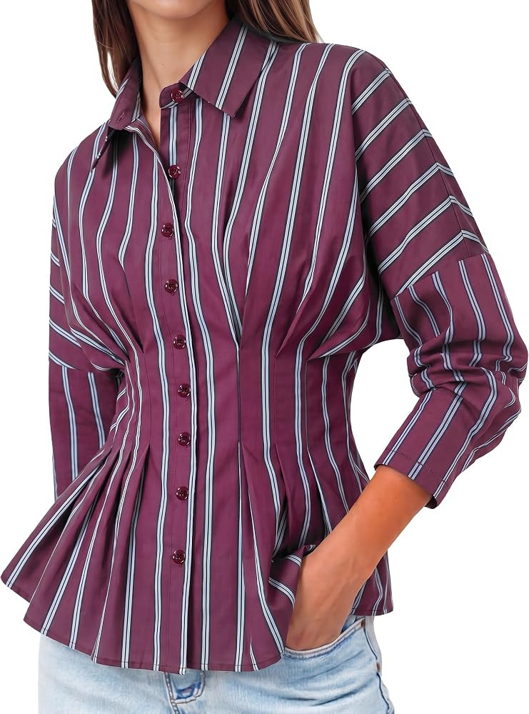 Tankaneo Womens Striped Button Down Shirt Cinched Waist Office Blouse | Amazon (US)