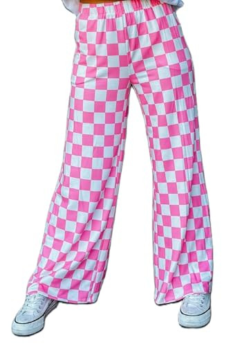 UAURORAO Women Checkered Sweatpants Wide Leg Y2k Plaid Pants Elastic High Waist Checkerboard Casual Trousers Pockets(Checkerboard Pink,X-Large) | Amazon (US)