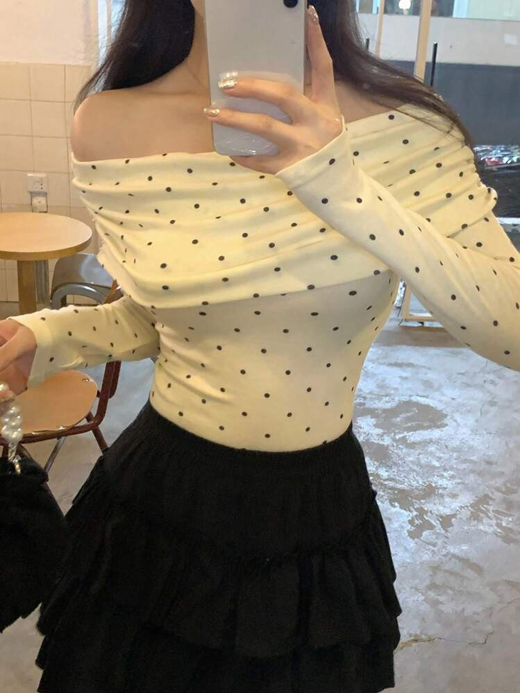 DAZY Women's Off-Shoulder Polka Dot Korean Style Elegant Long Sleeve T-Shirt, Spring/Autumn | SHEIN