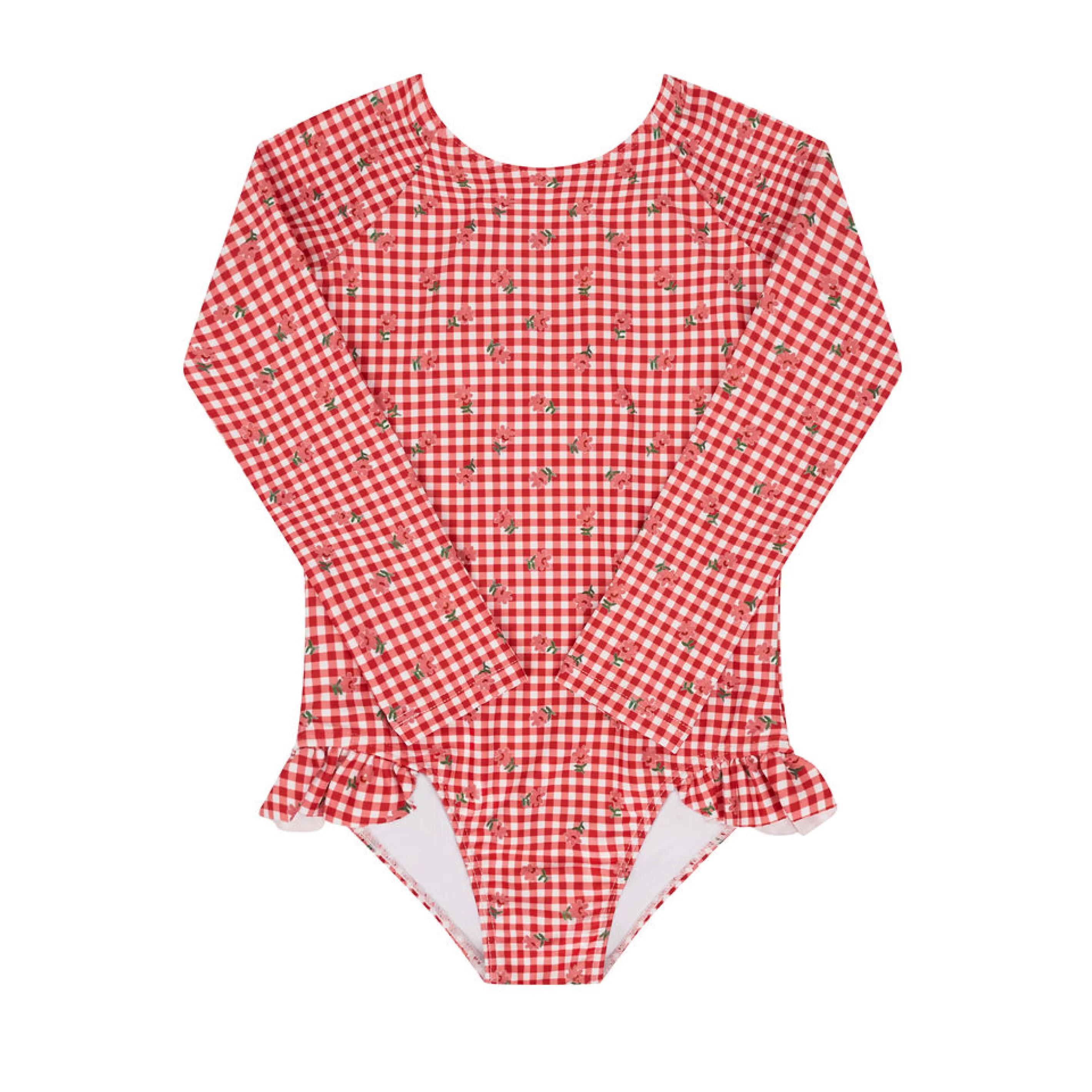 girls cranberry gingham rashguard one piece | Minnow