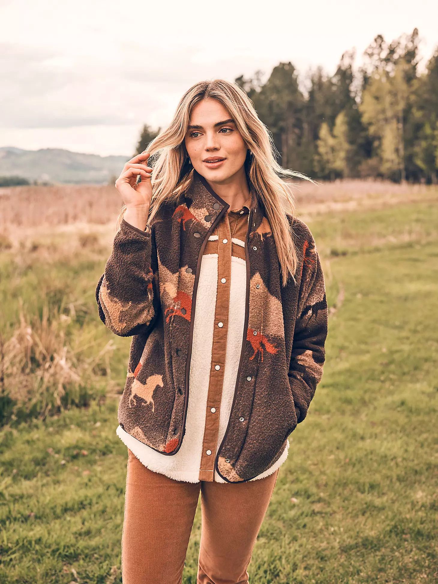 Women's Wrangler Retro® Printed Sherpa Snap Jacket in Stallion Brown | Wrangler