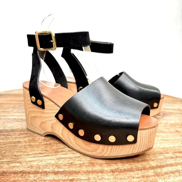 Celine Paris Leather Clog Wood Studded Wedges Platform Sandals | Poshmark